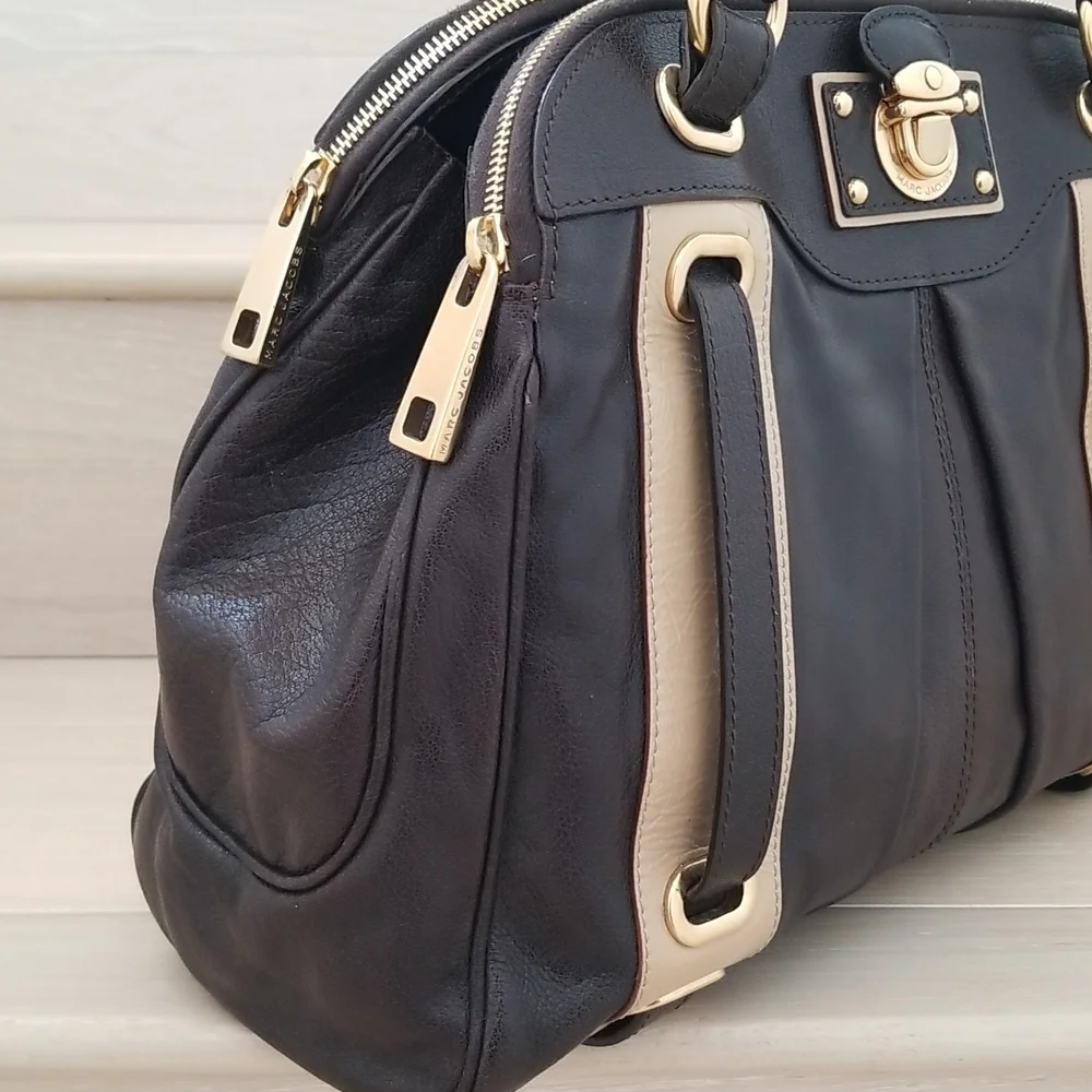 Marc Jacobs Hudson Striping Leather Satchel with Leather Lining in Dark …